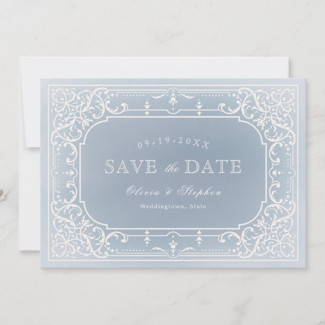 Dusty blue romantic vintage wedding Save the Date (Vorderseite)