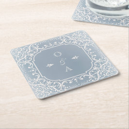Dusty-blue-romantisch-Vintag-monogram Rechteckiger Pappuntersetzer