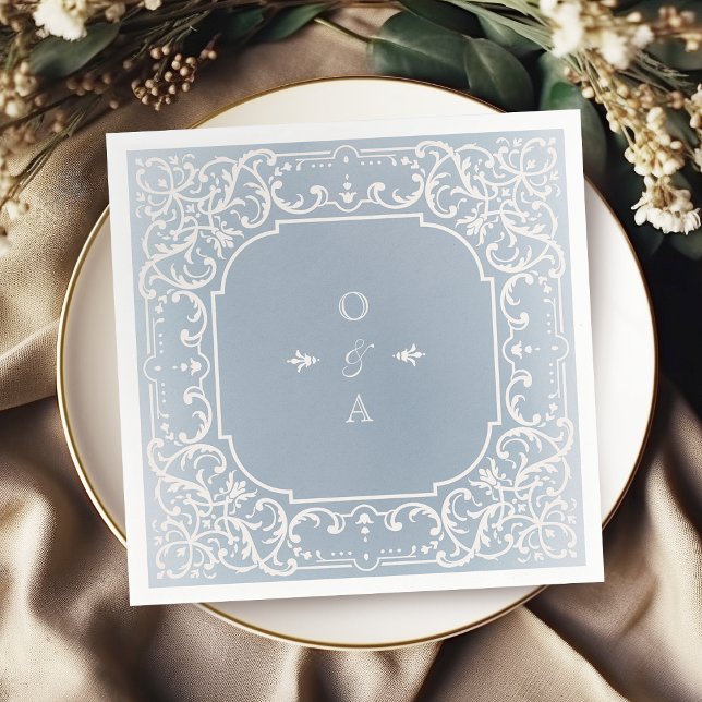 Dusty-blue-romantisch-Vintag-monogram Serviette (Dusty blue elegant romantic vintage monogram napkins)