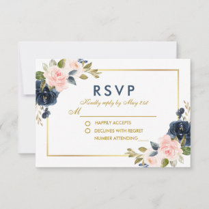 Dusty Blue Rose Blush Floral Mariage Gold RSVP