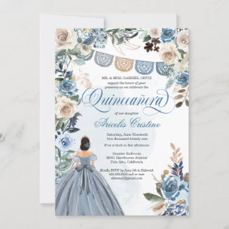 Dusty Blue Rose Country Papel Picado Quinceañera Einladung