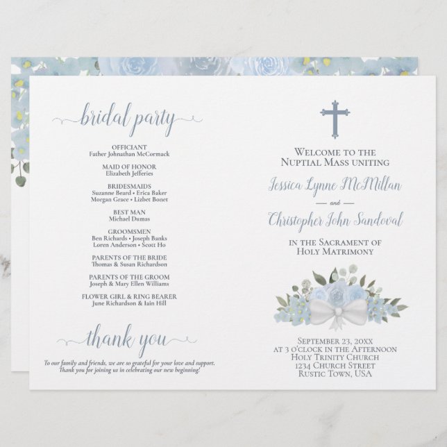 Dusty Blue Rose DIY Fold Katholic Wedding Program (Vorne/Hinten)