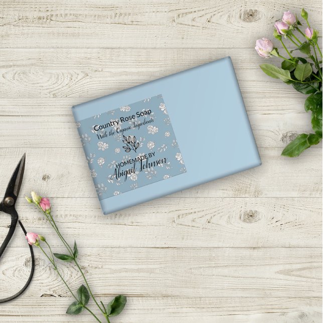 Dusty Blue Rose Feuille Line Art moderne Étiquette (Créateur téléchargé)