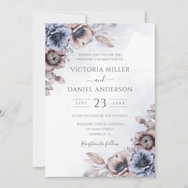 Dusty Blue Rose Floral Botanical Wedding Einladung (Vorderseite)