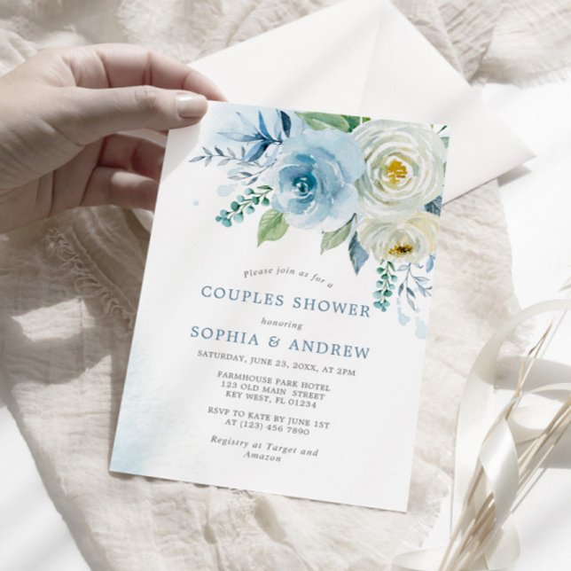 Dusty Blue Rose Floral Couples Douche Invitation (Créateur téléchargé)