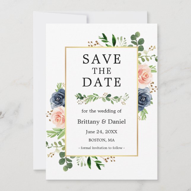 Dusty Blue Rose Floral Enregistrer La Carte Date (Devant)