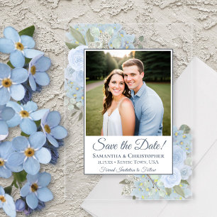 Dusty Blue Rose & Foto Wedding Save the Date Acryleinladungen