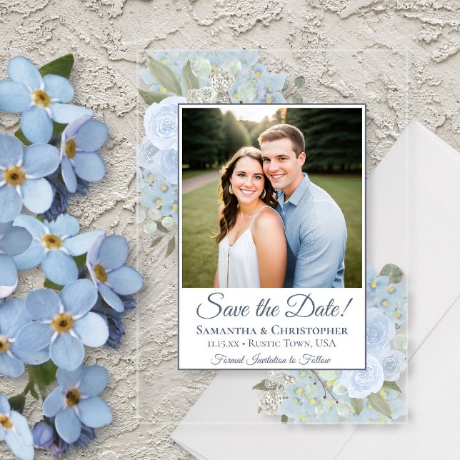 Dusty Blue Rose & Foto Wedding Save the Date Acryleinladungen (Clear Acrylic with Rectangle Cut)