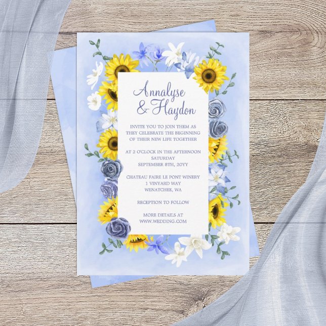 Dusty Blue Rose, gelbe Sonnenblumen Hochzeit Einladung (sunflowers and dusty blue rose wedding invitations, yellow gold sunflowers wedding theme)