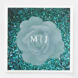 Dusty Blue Rose Glittery Monogram Elegant Wedding Serviette
