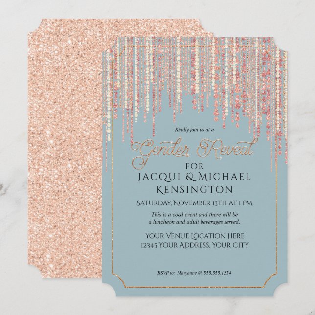 Dusty Blue Rose Gold Glitzer Fringe Gender Reveal Einladung (Vorne/Hinten)