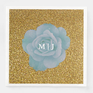 Dusty Blue Rose Gold Glitzer Monogramme Hochzeit Serviette