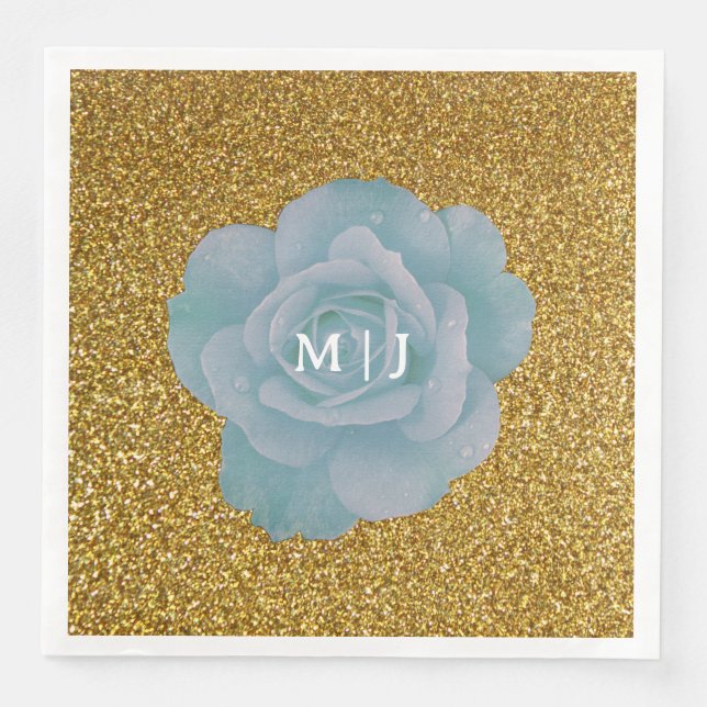 Dusty Blue Rose Gold Glitzer Monogramme Hochzeit Serviette (Vorderseite)