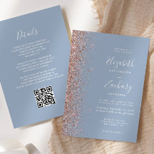Dusty Blue Rose Gold Glitzer QR Code Wedding