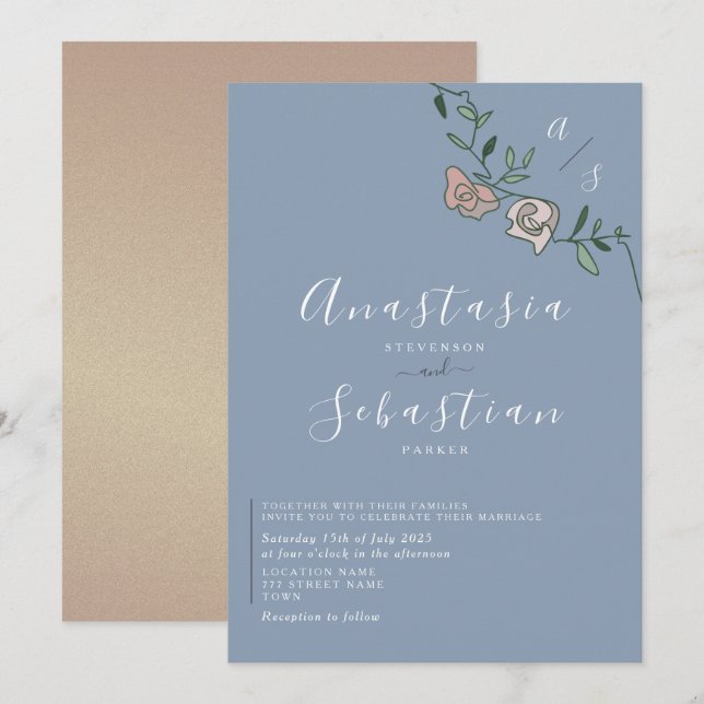 Dusty Blue Rose Gold Pink Floral Wedding Einladung (Vorne/Hinten)