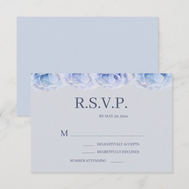 Dusty Blue Rose Gray Elegant Floral Wedding RSVP Einladung (Vorne/Hinten)