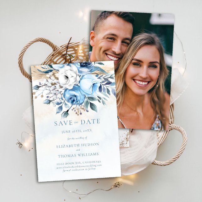 Dusty Blue Rose Grüne Foto Hochzeit Retten Datum Einladung (dusty blue wedding save the date roses floral pampas grass boho botanical watercolor elegant rustic)