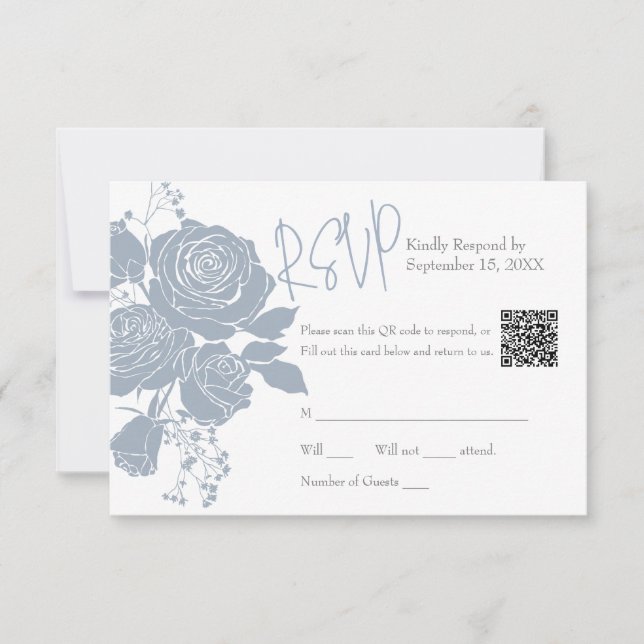 Dusty Blue-Rose mit QR-Code-Antwortkarte RSVP Karte (Vorderseite)