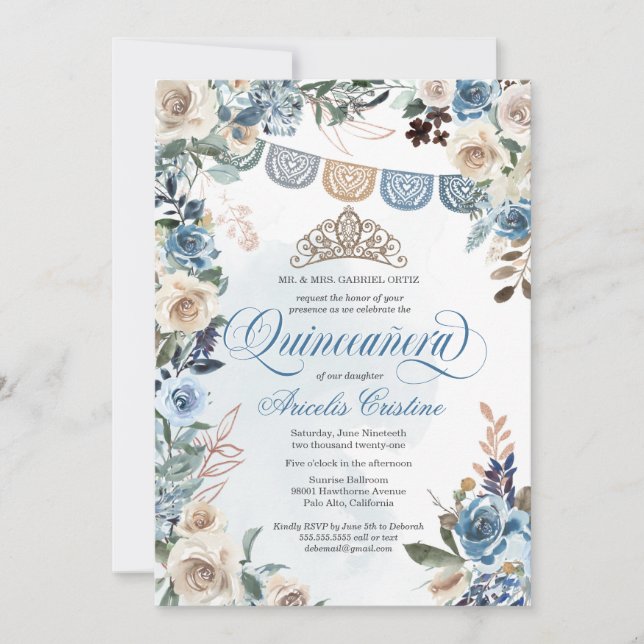 Dusty Blue Rose mit Tiara Country Quinceañera Einladung (Vorderseite)