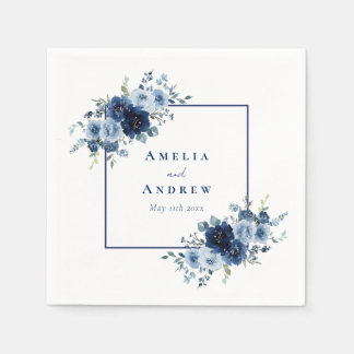 Dusty Blue Rose Navy Floral Elegant Wedding Serviette