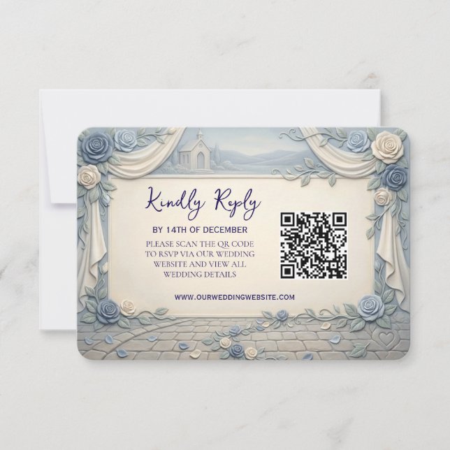 Dusty Blue Rose QR Code Wedding  RSVP Karte (Vorderseite)