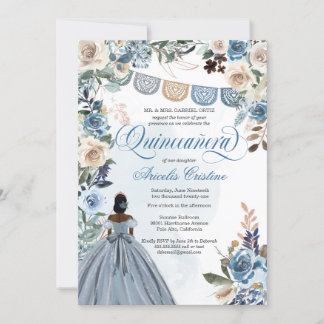 Dusty Blue Rose Rustikales Land Quinceañera Einladung