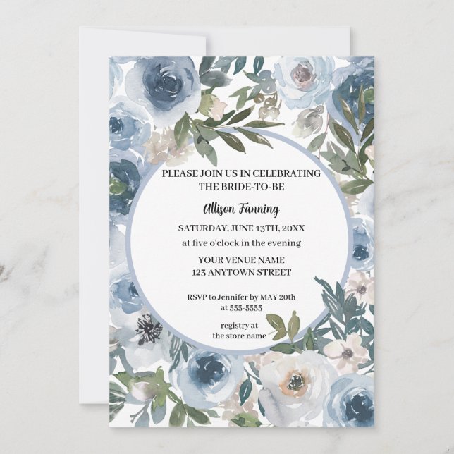 Dusty Blue Rose Watercolor Brautparty Einladung (Vorderseite)