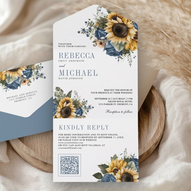 Dusty Blue Roses Sunflowers QR Code Wedding All In One Einladung (Von Creator hochgeladen)