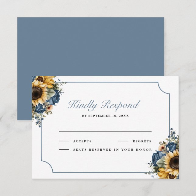 Dusty Blue Roses Sunflowers Wedding RSVP Karte (Vorne/Hinten)