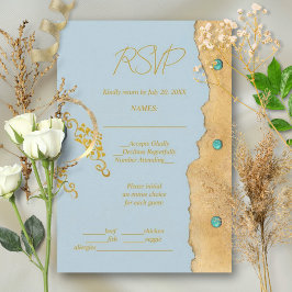 Dusty Blue Rustic Boho Gold Turquoise Wedding RSVP Karte