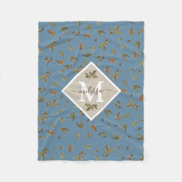 Dusty Blue Rustic Brown Blätter Mit Monogramm Fleecedecke