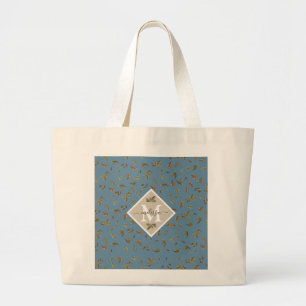 Dusty Blue Rustic Brown Blätter Mit Monogramm Jumbo Stoffbeutel