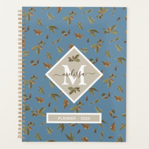 Dusty Blue Rustic Brown Blätter Mit Monogramm Planer