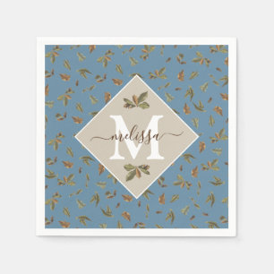 Dusty Blue Rustic Brown Blätter Mit Monogramm Serviette