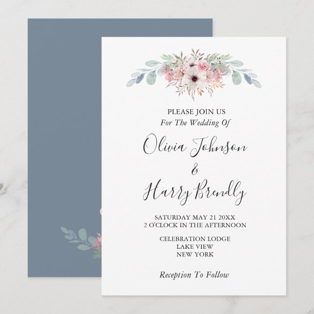 Dusty Blue Rustic Eukalyptus Greenerity Wedding Einladung (Vorne/Hinten)
