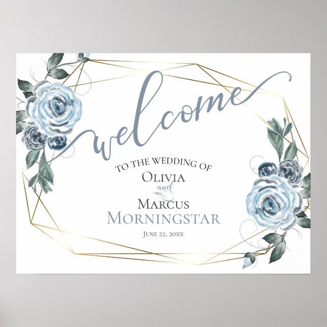 Dusty Blue Rustic Floral  Calligraphy Welcome Poster (Vorne)