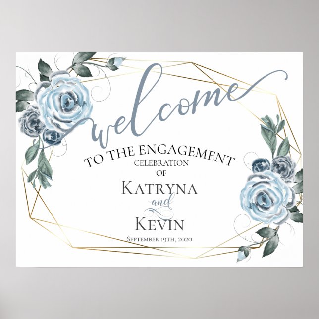 Dusty Blue Rustic Floral Verlobung Welcome Poster (Vorne)