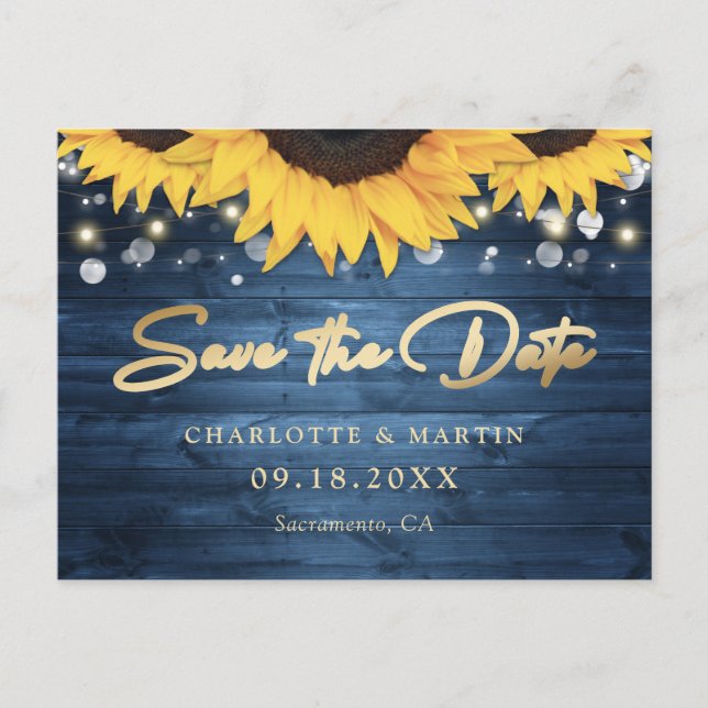 Dusty Blue Rustic Sonnenblume Hochzeit speichern d Ankündigungspostkarte (Vorderseite)