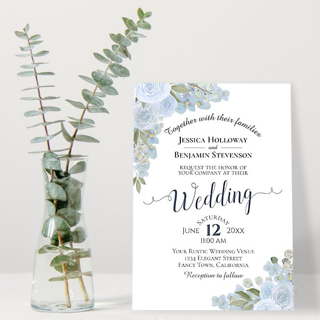 Dusty Blue Rustic White Watercolor Floral Wedding Einladung (Von Creator hochgeladen)