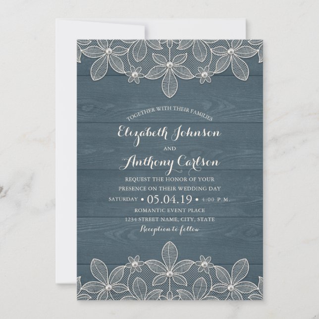 Dusty Blue Rustic Wood Lace and Pearls Wedding Einladung (Vorderseite)
