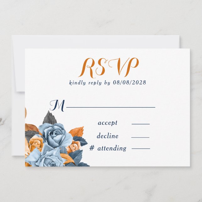 Dusty Blue & Rusty Peony Floral Wedding RSVP Cards Einladung (Vorderseite)