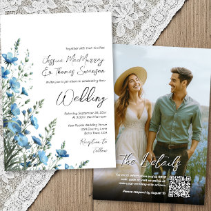 Dusty Blue Sage Boho Wildblumen Foto QR Wedding Einladung