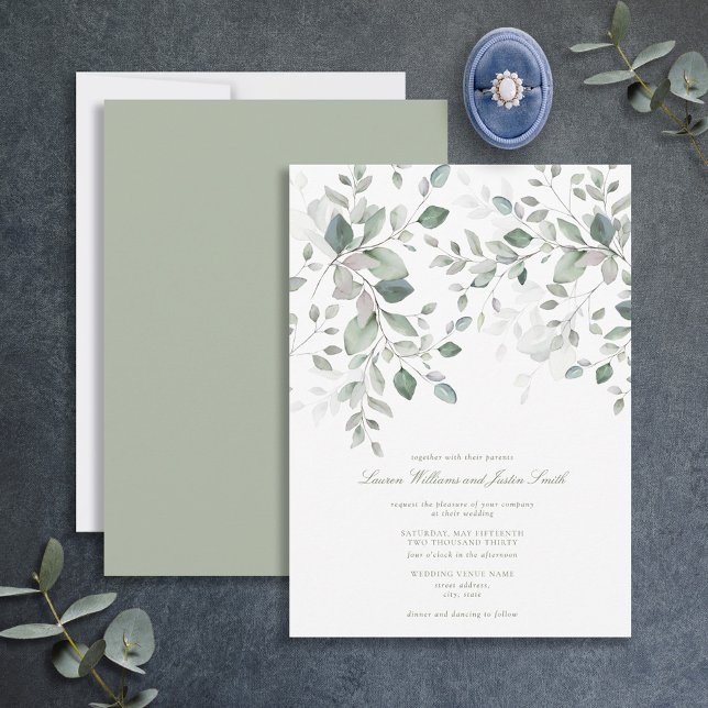 Dusty Blue Sage Green Botanical Script Hochzeit Einladung (Von Creator hochgeladen)