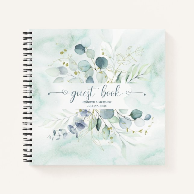 Dusty Blue Sage Green Eukalyptus Botanischer Gast Notizbuch (Vorderseite)