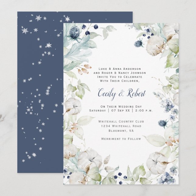 Dusty Blue Sage Green Floral Snowflakes Hochzeit Einladung (Vorne/Hinten)
