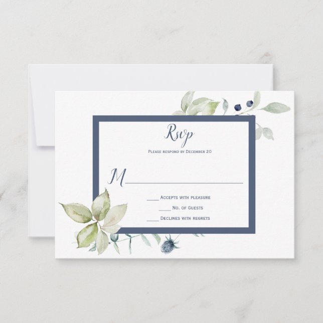 Dusty Blue Sage Green Gerahmt Winter Floral RSVP Karte (Vorderseite)