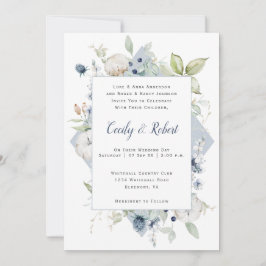 Dusty Blue Sage Green Gray Floral Frame Wedding Einladung