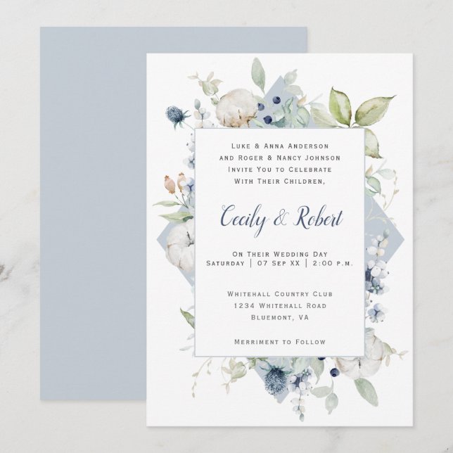Dusty Blue Sage Green Gray Floral Frame Wedding Einladung (Vorne/Hinten)
