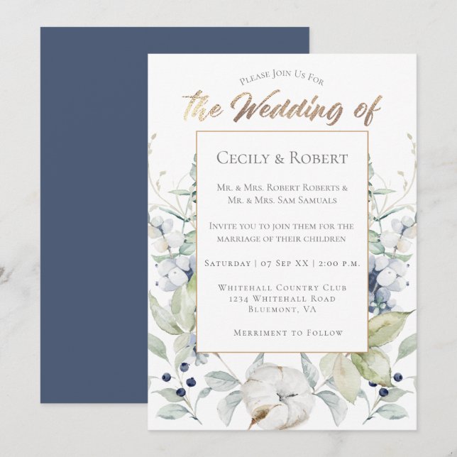 Dusty Blue Sage Green Grey Winter Floral Wedding Einladung (Vorne/Hinten)