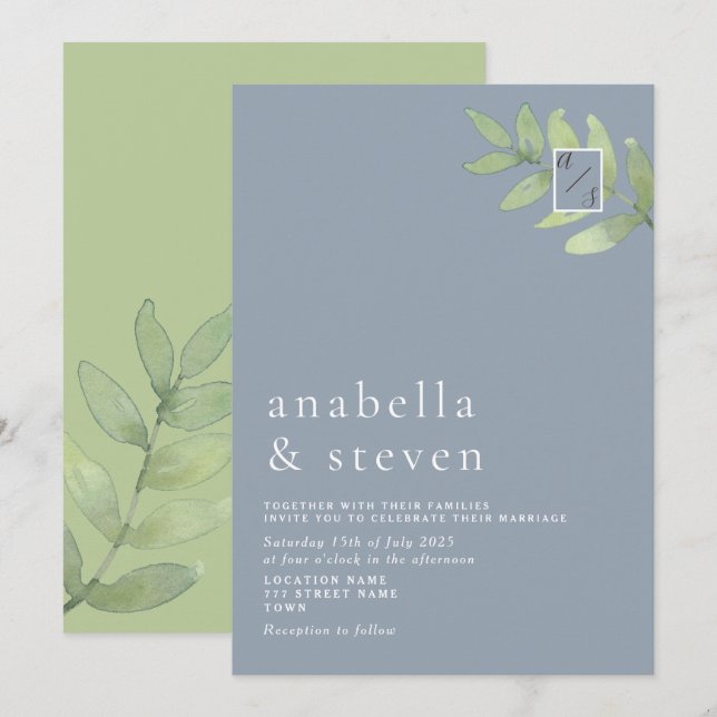 Dusty Blue Sage Green Monogram Wedding Einladung (Vorne/Hinten)